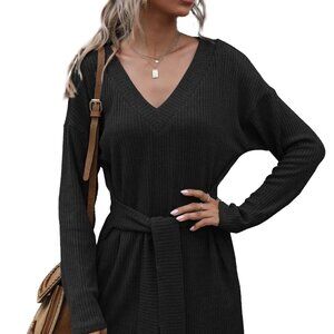 Women's V Neck Belted Waist Ribbed Long Sleeve Fall Sweater Dress